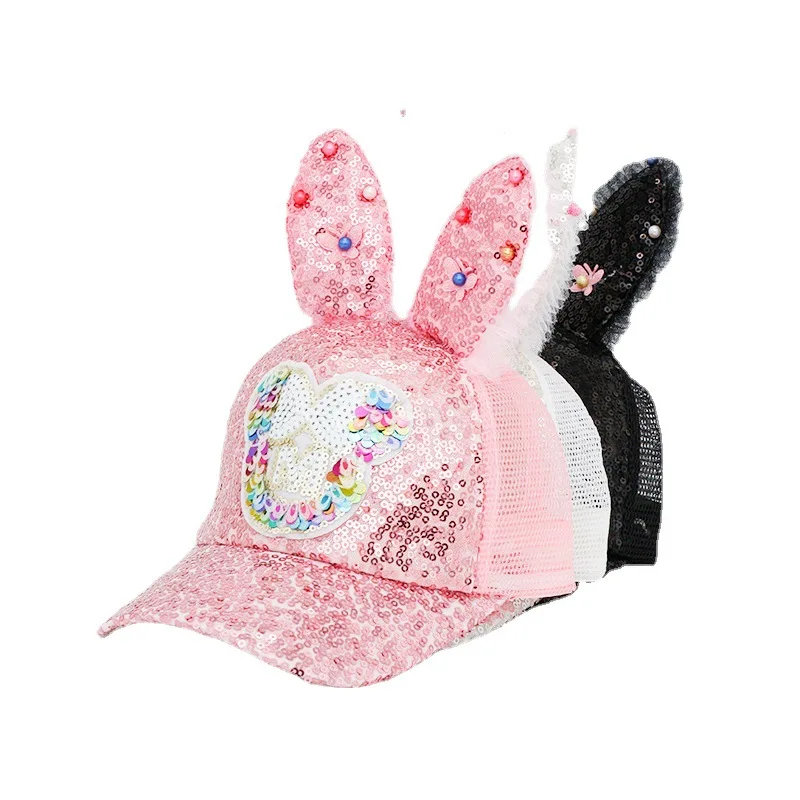 

2019 Parent-child Fashion Sequin Rabbit Ears Baby Hat Summer Mesh Baseball Cap Cartoon Peaked Cap Boys Girls Hip Hop Sun Hat