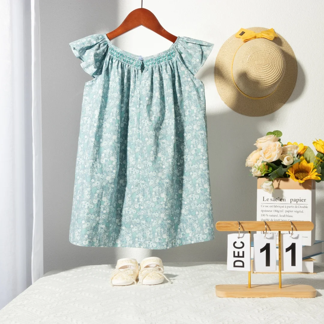 Blumen-Sommerkleid für Mädchen im Alter von 1, 2, 3, 4, 5, 6 Jahren, Smockdesign mit fliegenden Ärmeln, für Babys und Kleinkinder, tägliche süße Kleidung – Detail 21