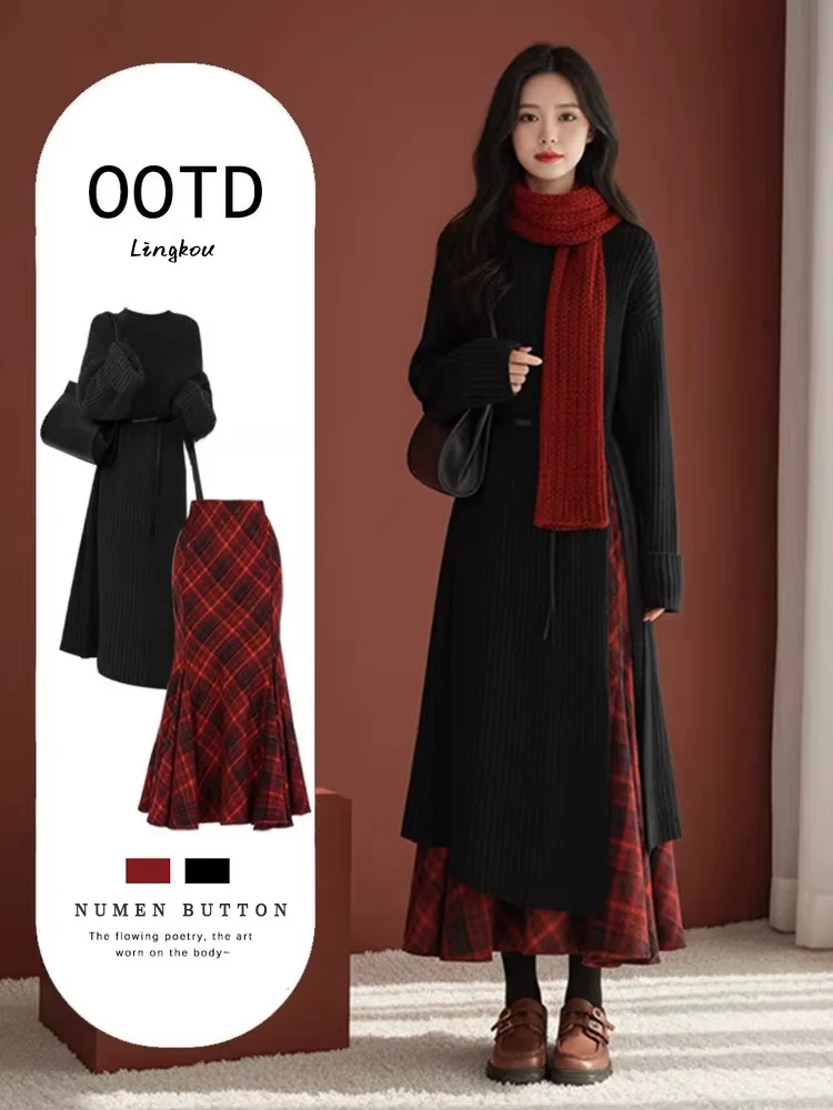 

Large Size Autumn Winter College Sle Knitted Sweater And High Waist Red Fi Tail Skirt Two Piece Set Women's Faion Ensemble