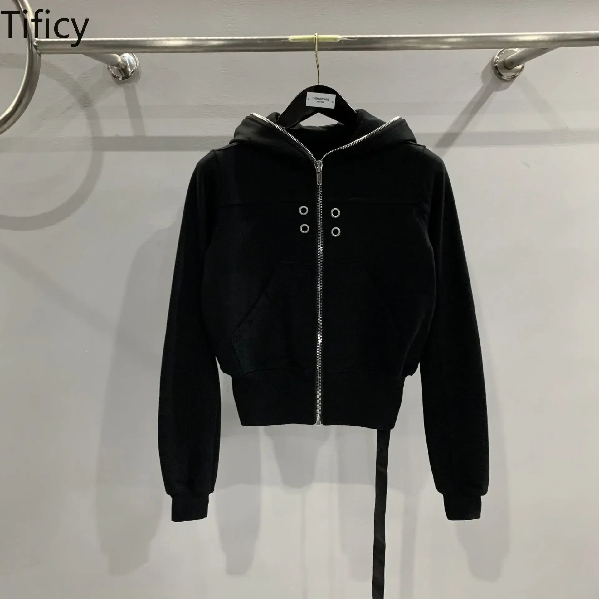 TIFICY High Street Women's Dark Black Hoodie Coat Wizard Hat Ribbed Sleeves Black Zipper Cotton Solid Color Hooded Sweatshirts