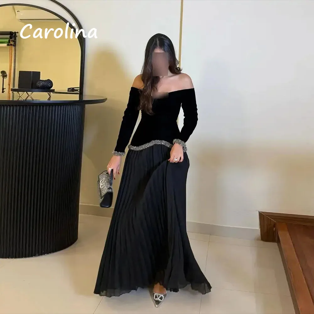 Carolina Off the Shoulder Women Evening Dress Velour and Chiffon Draped A-Line Floor Length Customized Wedding Party Gowns