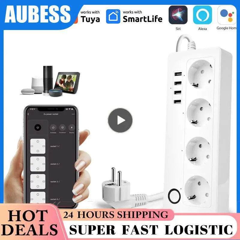 

Tuya Wifi Smart Power Strip Plug 4 EU Socket Outlets With 4 USB Port Timing Voice Control Works With Alexa Assistant