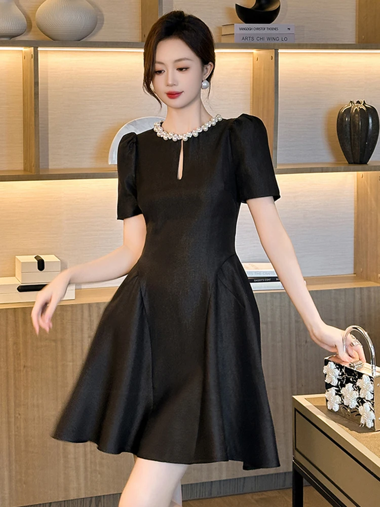 Elegant Cute Evening Dresses Women Clothes Classic Pearl Hollow Bubble Sleeve Swing Short Gown Party Club Prom Vestidos Fiesta