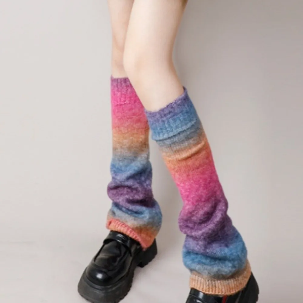 1 pair Y2K Rainbow Gradient Color Leg Warmers Lengthened Thickened Knitting Socks Warm Leg Covers Subculture Fashion