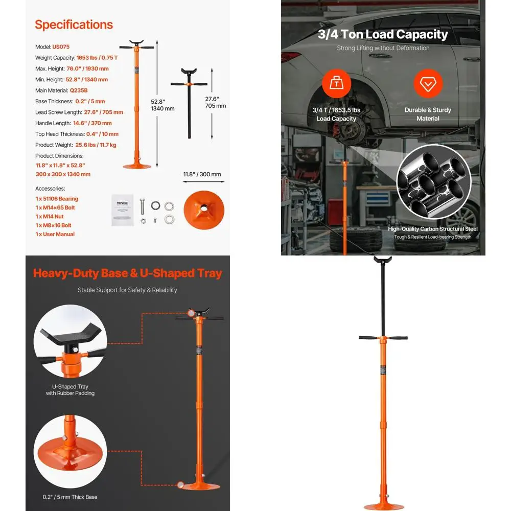 

3/4 Ton Capacity Hoist Jack Stand, 52.8-76 in Lift Range, Self-Locking, Bearing Mount Handle