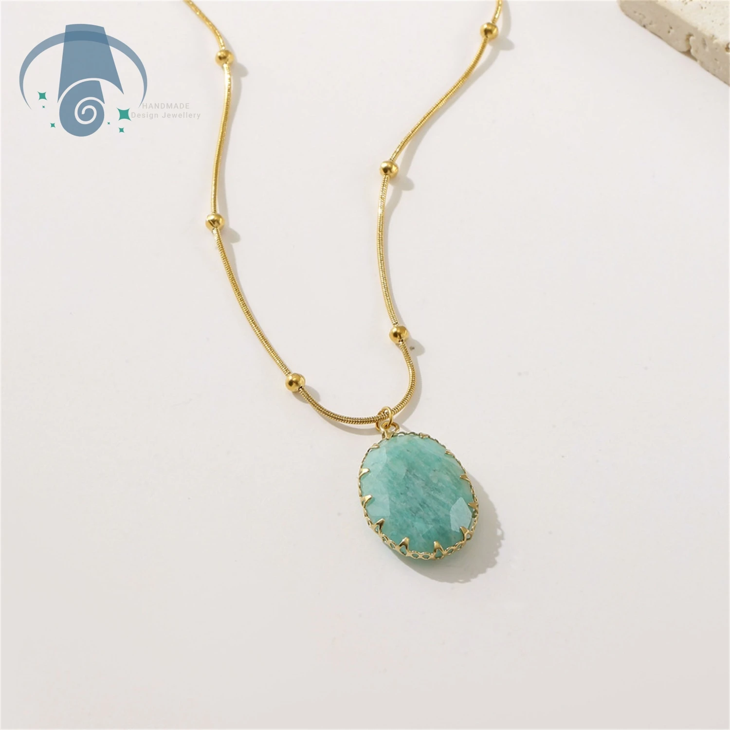 Titanium Steel Necklace 18K Gold Plated Natural Stone Pendant Womens Jewelry Luxury Retro Vintage Style Unisex Gift for Her