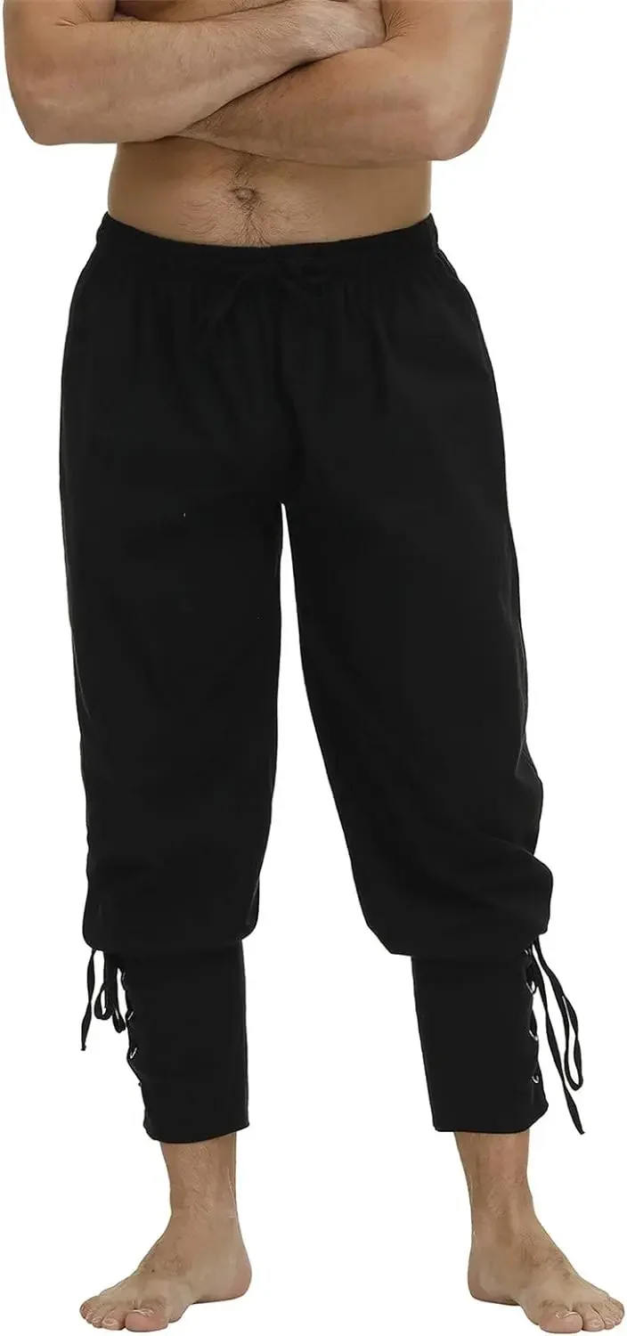 Men's Ankle Banded Cuff Renaissance Pants Medieval Viking Navigator Trousers Pirate Cosplay Costume with Drawstrings