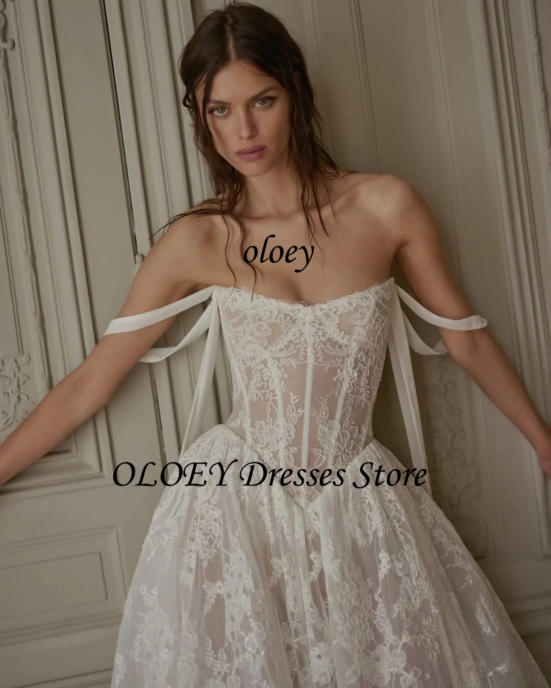 فساتين زفاف OLOEY أنيقة مكشوفة الكتف على شكل حرف A من الدانتيل الكامل فساتين زفاف مخصصة ذيل محكمة Vestidos de noiva