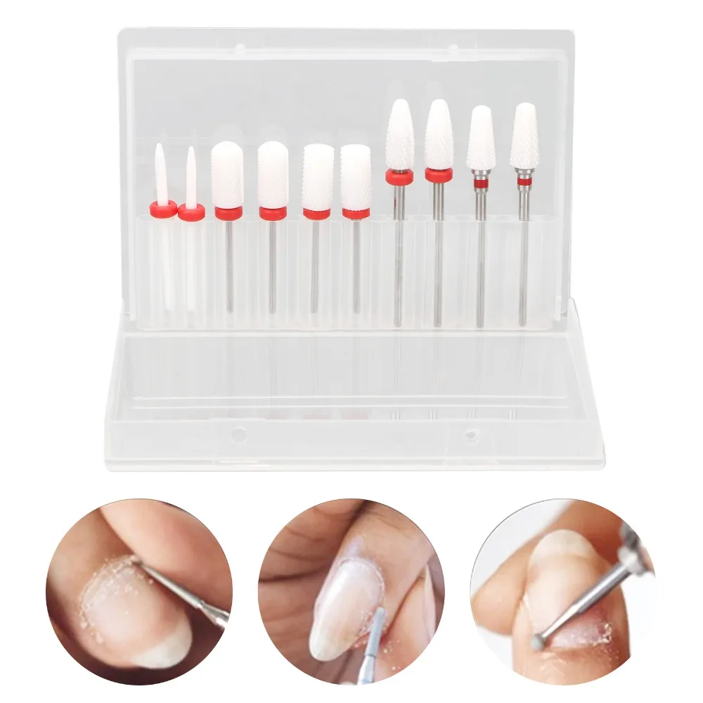 10pcs Stainless Steel Nail Art Drill Bits Set 3/32 Inch Standard Shank Ceramic Stainless Steel & Ceramic Grinding Heads