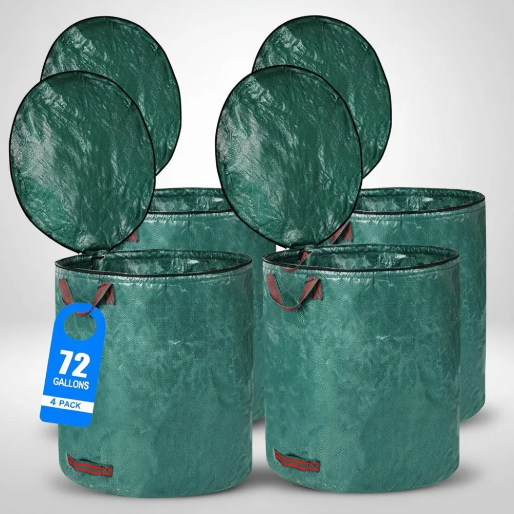 

4-Pack 72-Gallon Heavy Duty Yard Waste Bags with Lid & Handles - Reusable Garden Leaf Debris Container