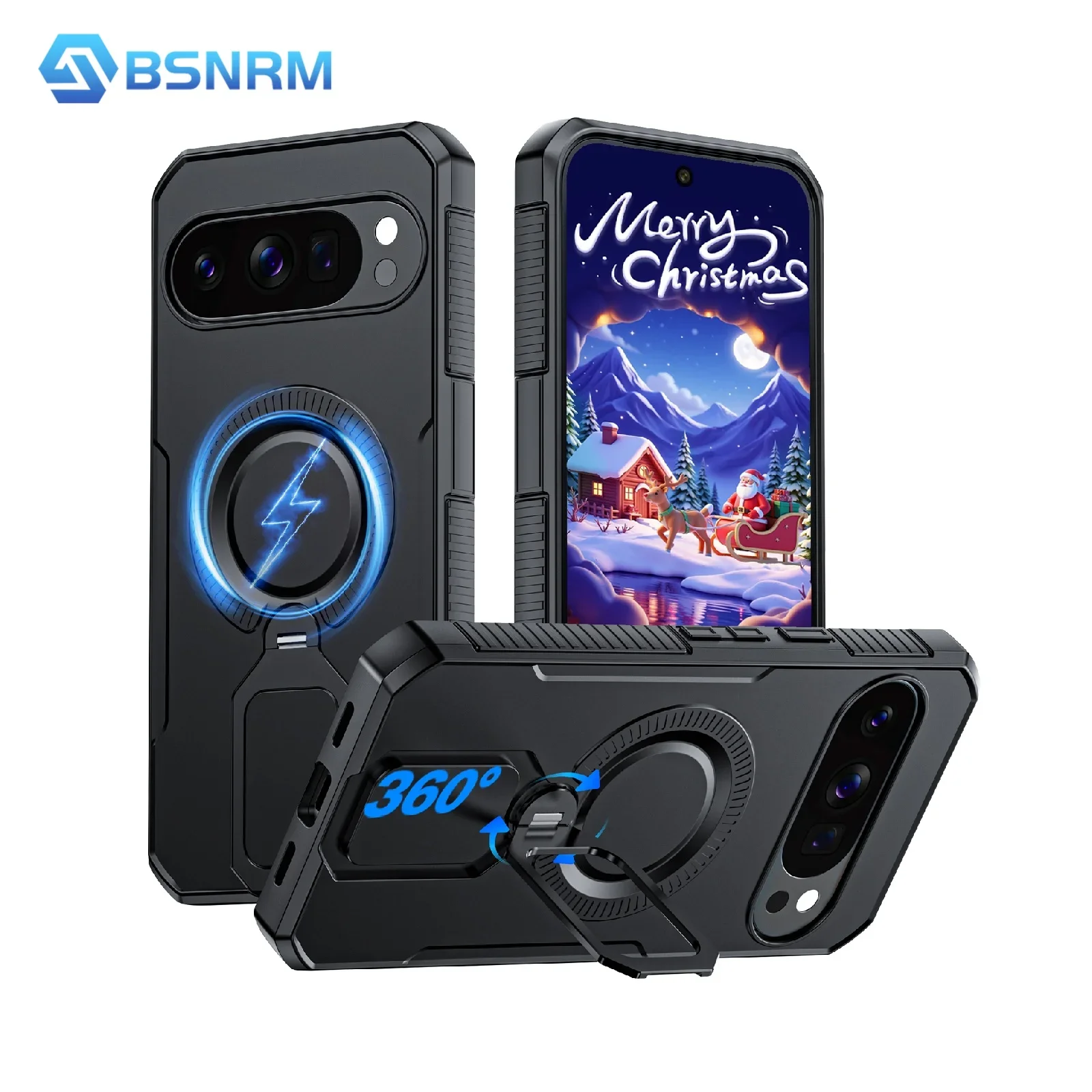 

Рождественский подарок, чехол для Google Pixel 10 Pro XL, с 360° ° Подставка для вращения, подходит для Magsafe, противоударный чехол с подставкой, черный