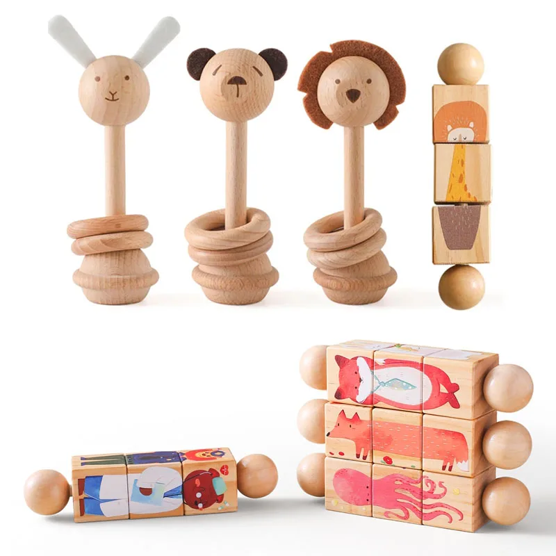 1PC Baby Wooden Montessori Toys Cartoon Hand Bell Musical Rattle Teether Toys For Newborn Rattle Blocks Educational Toys Gift