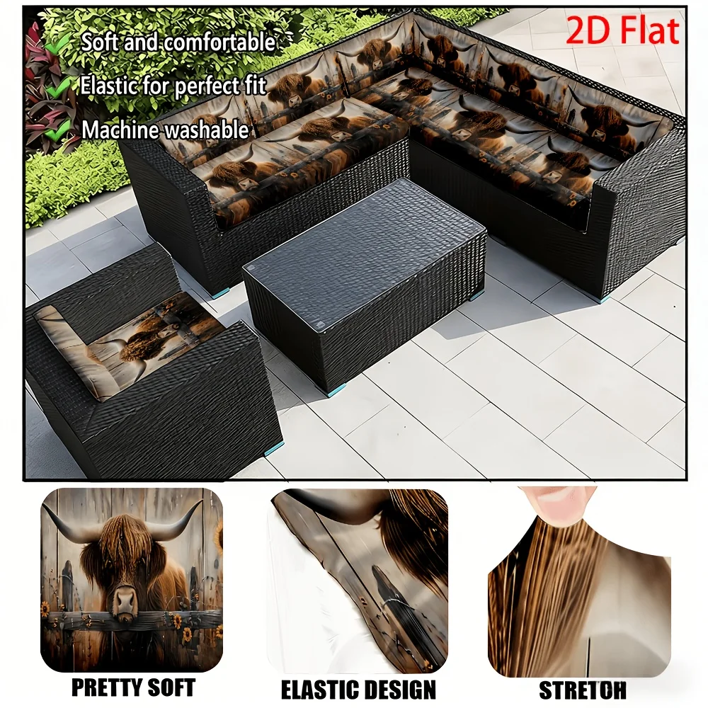 6/8pcs Highland Cow Outdoor Patio Sofa Cushion Cover, Removable Washable Patio Furniture Slipcover