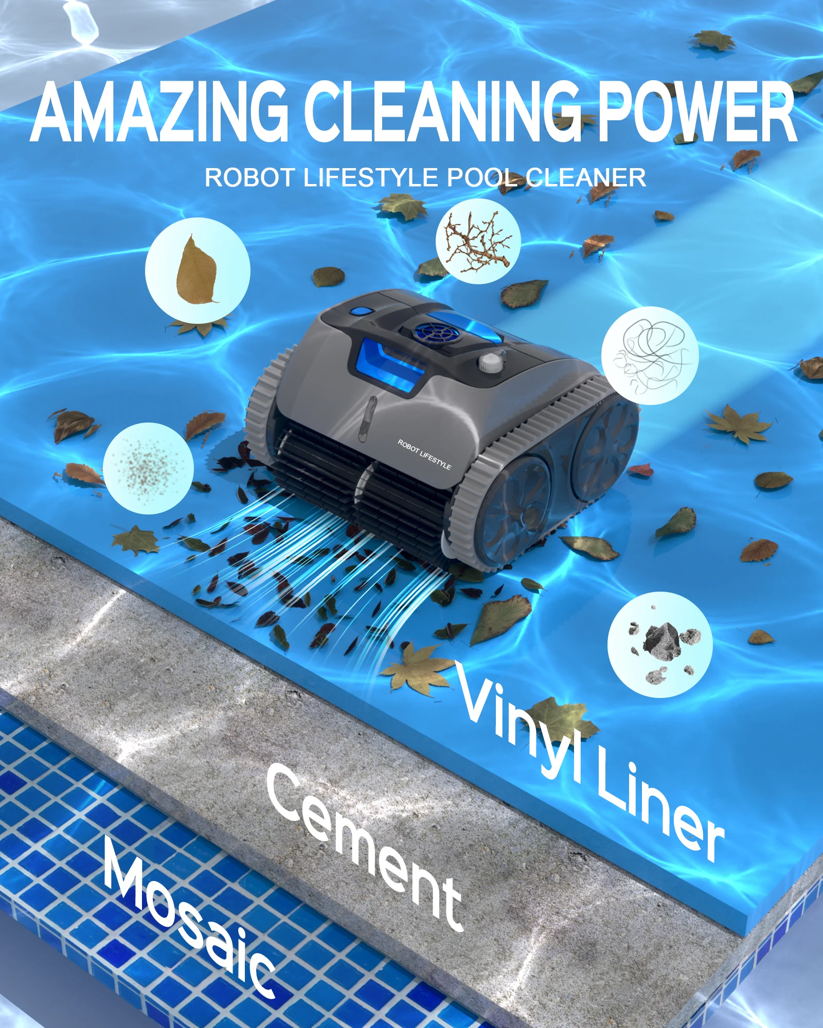 Swimming Pool Cleaner Cordless APP Robot Underwater 3312max 15000mAh Battery Route Planning Self-beaching for Area 120m²