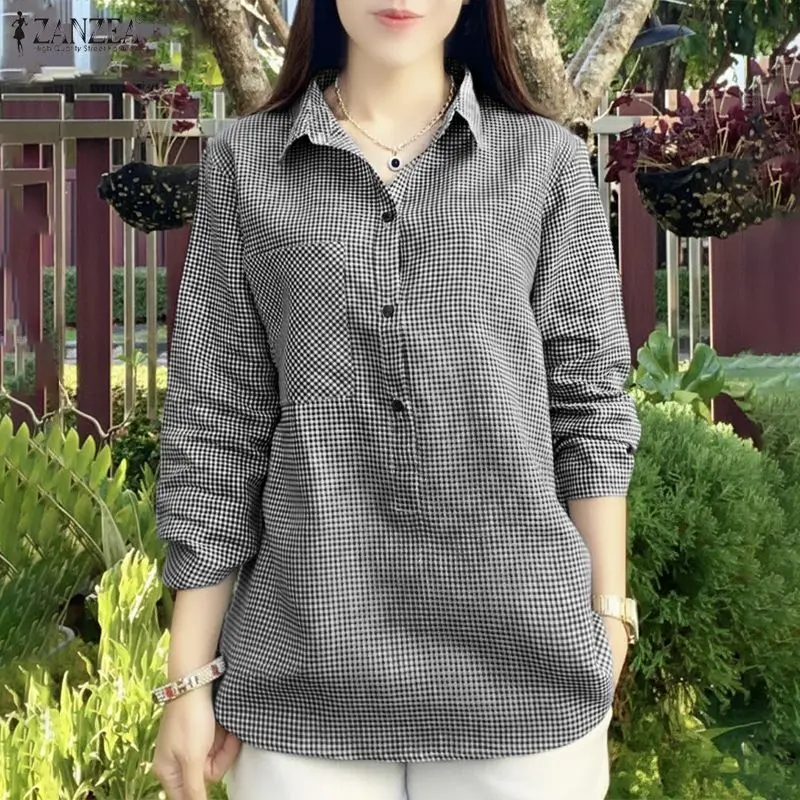 

2026 ZANZEA Модная женская блузка в клетку с рукавом 3/4, летняя офисная рубашка, повседневная рубашка с отложным воротником на пуговицах, топы, женская рубашка оверсайз