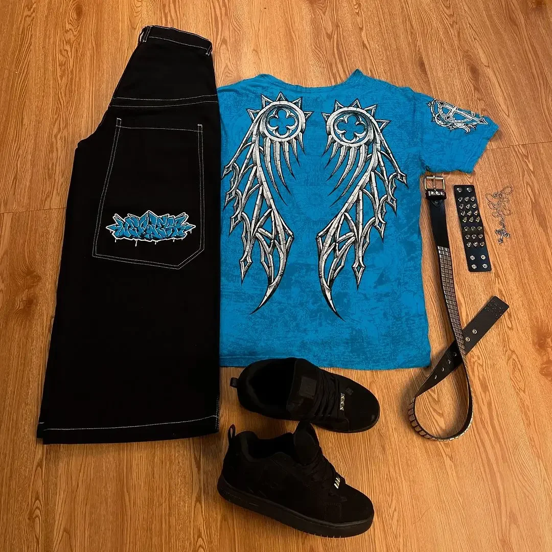 

Черный костюм для скейтборда Tapout and Wexwear, джинсы с графической вышивкой, брюки Харадзюку, спортивный костюм Y2K, футболка для мужчин, уличная одежда