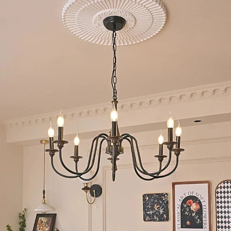 

Salon Chandeliers Solid Wood Wrought Iron Candle Led Lights Nordic Retro Home Decoration Living Room Dining Bedroom Pendant Lamp