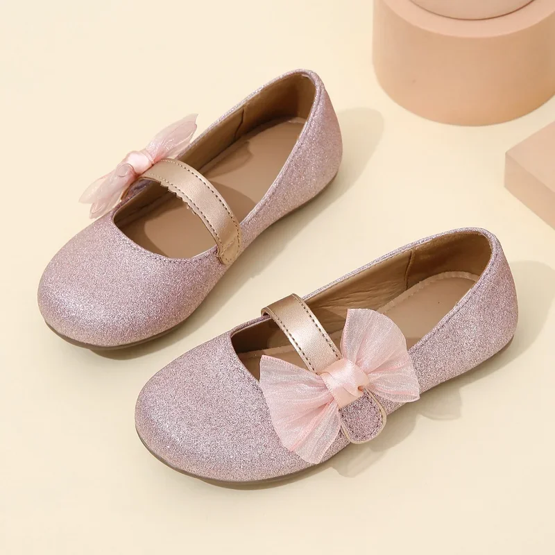 Cute Bow Shine Kids Princess Shoes for Party Wedding Shows 2023 New Summer Soft Children Casual Shoes for Girls Classic Britain