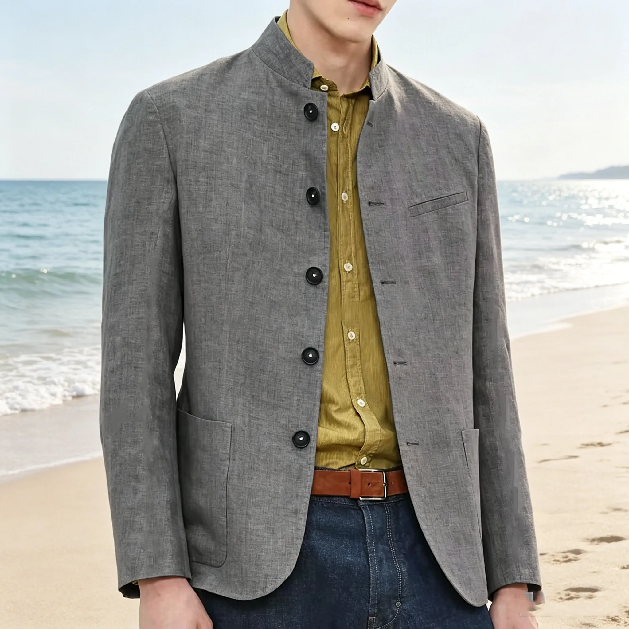 

Men's Mandarin collar linen blend Blazer Chinese Style slim fit Lightweight Breathable Summer formal Jacket for business casual