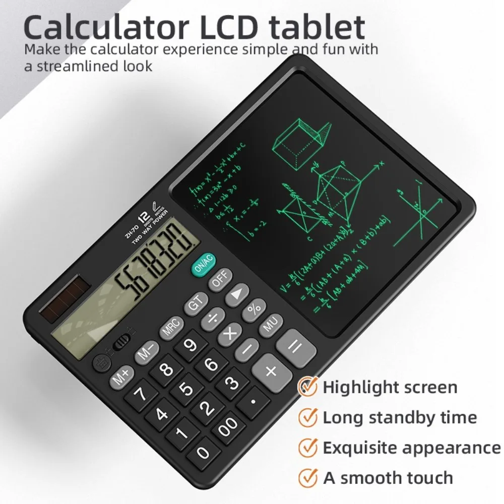 

12 Digits 2in1 Calculator with Writing Pad Solar Power Math Calculator Dual Stylus Pen Calculator LCD Tablet