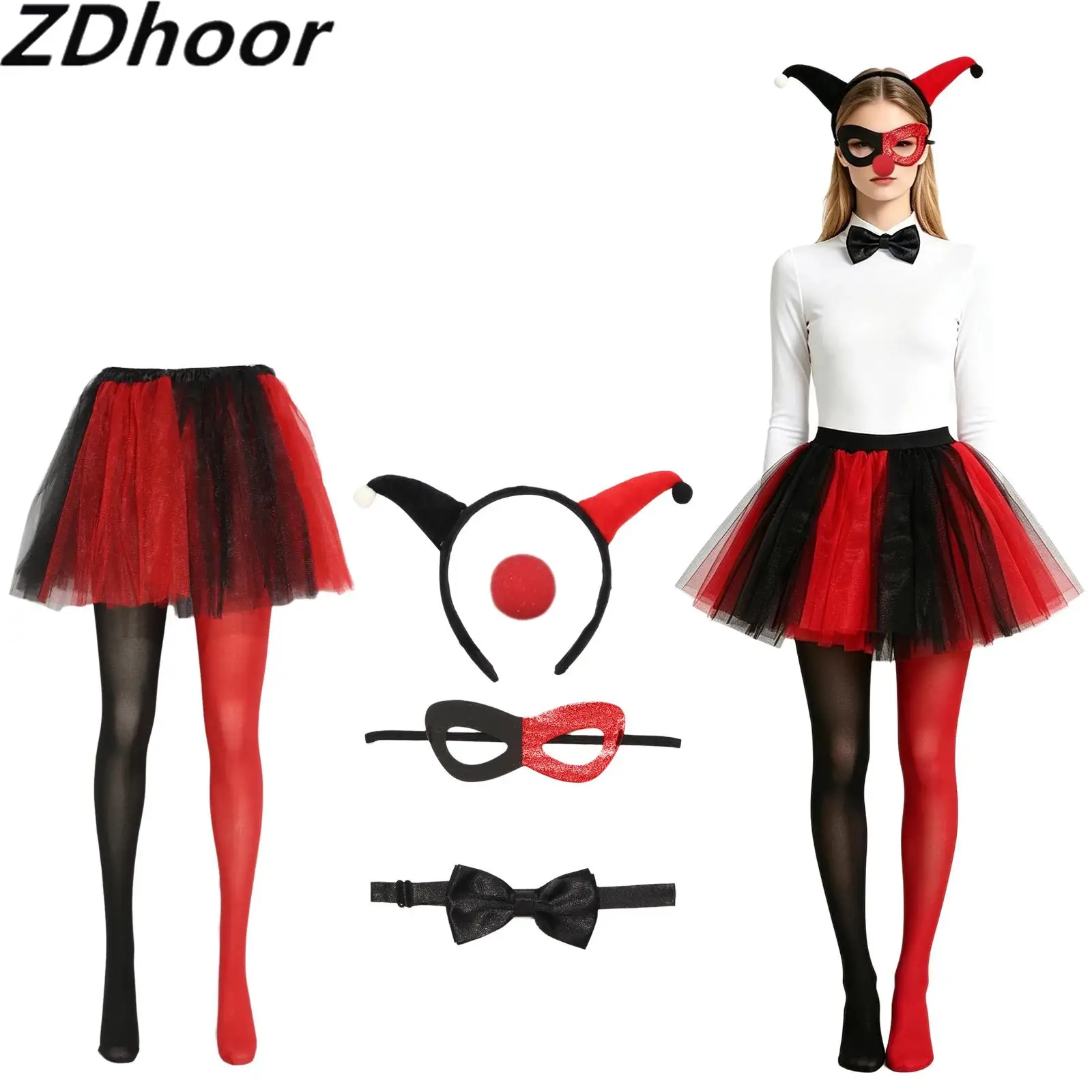 Women Clown Costume Accessories Halloween Role-playing Theme Party Props Color-blocked Tulle Skirt Pantyhose Bowtie Eye-mask