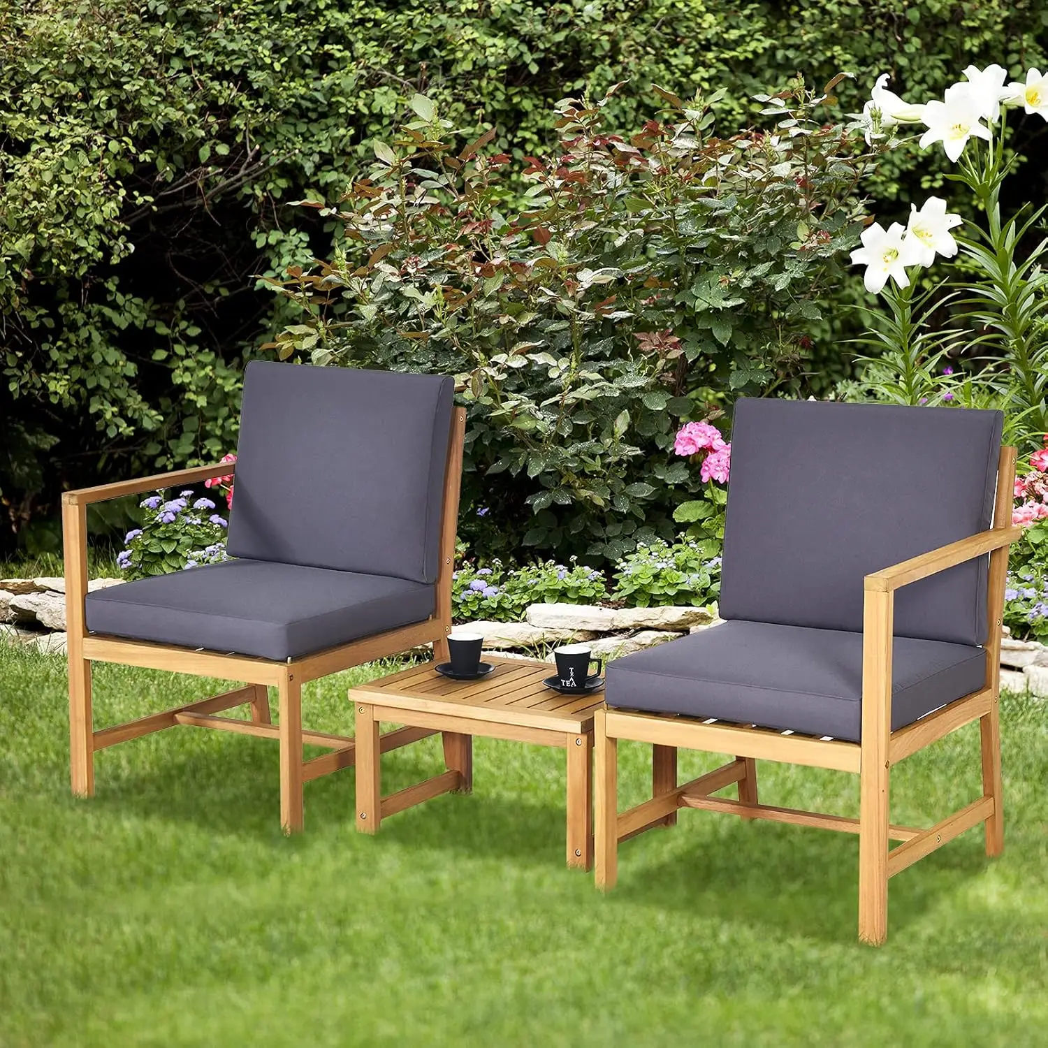 3-Piece Wooden Love Seat with Cushions &Table, 2-Seater Outdoor Furniture Set, Patio Conversation Set for Garden Backyard