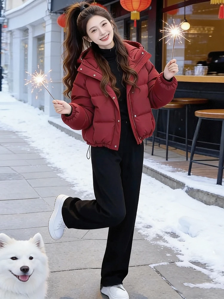 

Утепленная хлопковая куртка с капюшоном для женщин: модное зимнее пальто, теплая верхняя одежда, новогодний стиль, свободный крой в корейском стиле