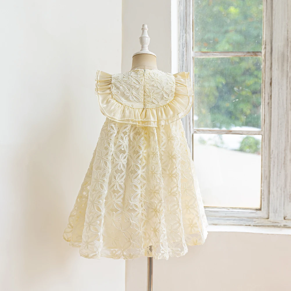 Leisure Girls Summer New Petal Plate Flower Dress Suitable for Little Girls Pearl Decoration Lace Sleeveless Princess Dress