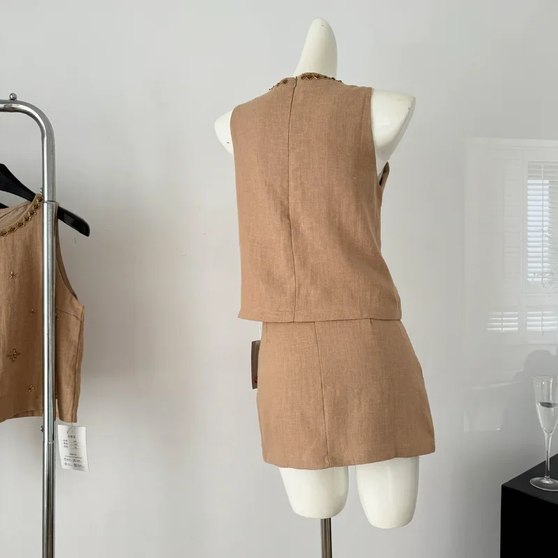 女性用ノースリーブカーキスーツセット,ベスト,ミニスカート,シンプル,シック,ビーズ,フレンチ,ソフト,フレンチ,2ピース,韓国