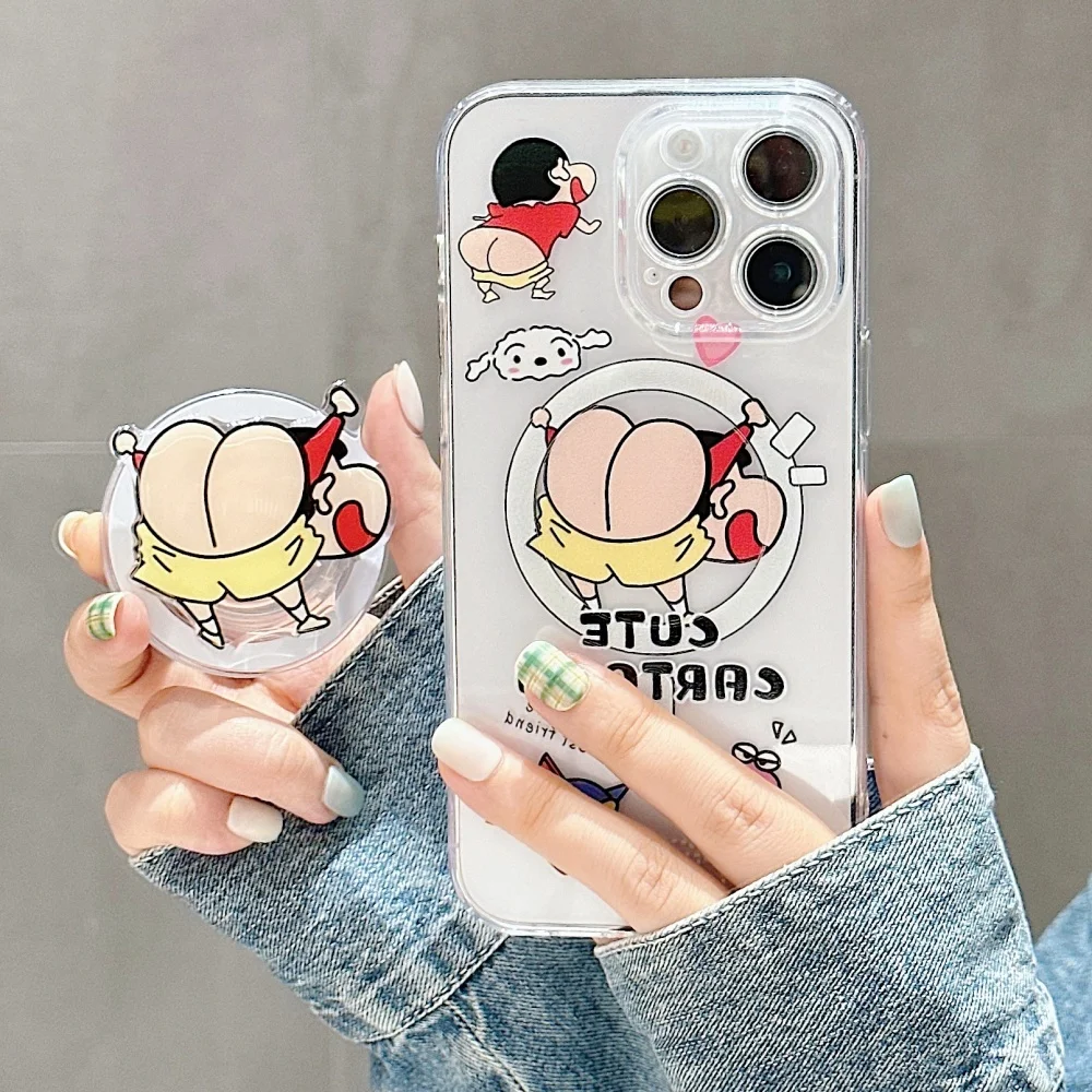 Чехол для телефона Crayon Shinchan Japan Anime для iPhone 11, 12, 13, 14, 15, 16 Pro Max Plus, забавный держатель Shin-chan, магнитный чехол Magsafe