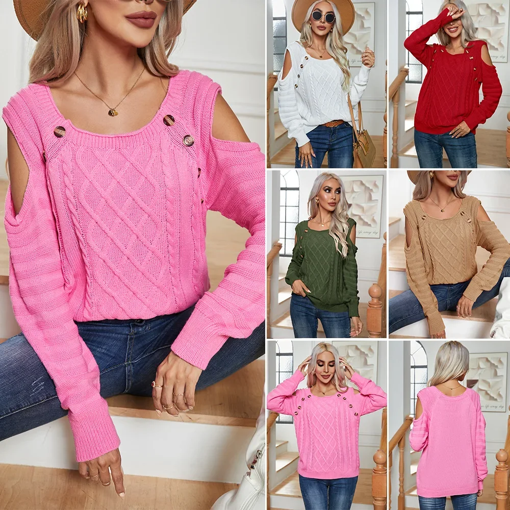 Women Autumn Fashion New Button Hollowed Out Off-the-shoulder Long-sleeved Twist Thread Knitted Pullover Sweater Elegant