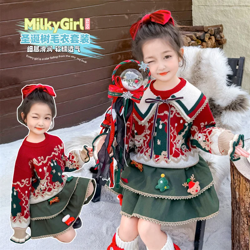 Mädchen Weihnachtspullover Rock Herbst Winter 2026 Neujahr Niedliche Studentin Prinzessin Süßer Strickpullover Rock Festival Geschenk