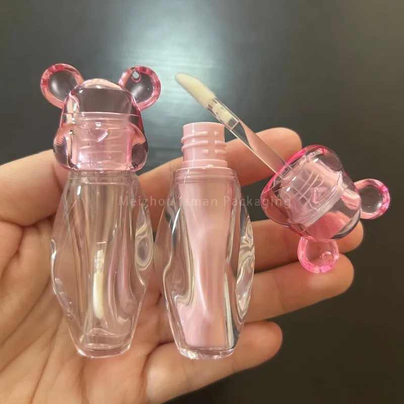 

50Pcs Pink Bear Head Empty Bottle, Irregular Shape Refillable Lip Gloss Container with Brush