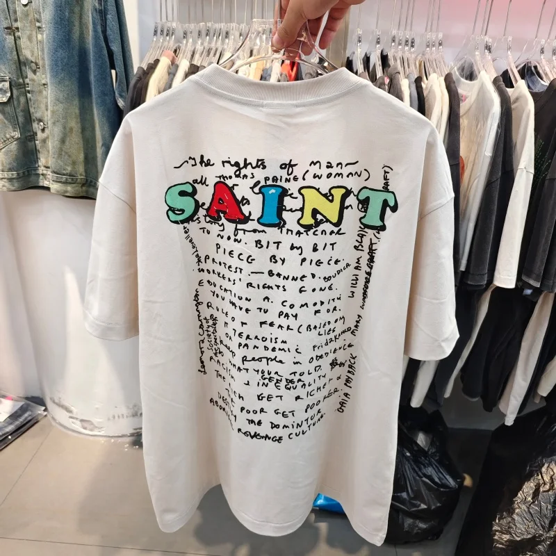 Vintage Cream Colored Men T-Shirt Saint Retro Newspaper Print Tee