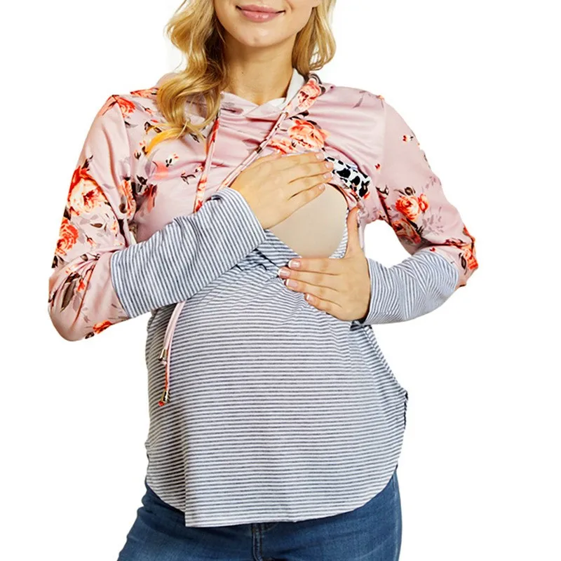 

Women Maternity T-shirt Hoodies Sweatshirt Fall Long Sleeve Stripe Nursing Top Breastfeeding Colorblock Shirts Pregnancy Clothes