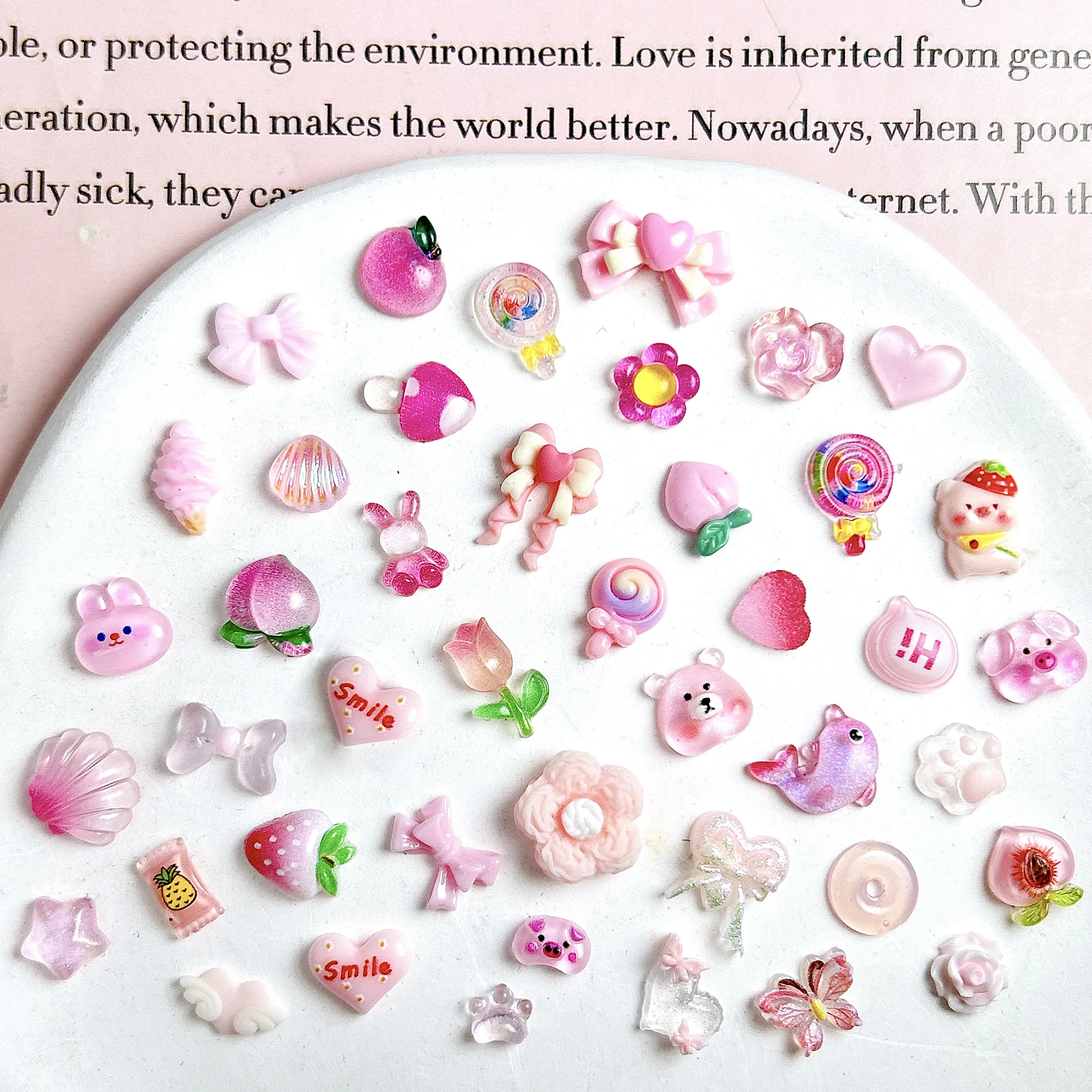 30個入り ランダムミックス ピンクシリーズ リボン ピーチ レジン ネイルチャーム 3D クリエイティブ スイートフラワー ロリポップ ミックス ネイルアートデコレーション DIY用