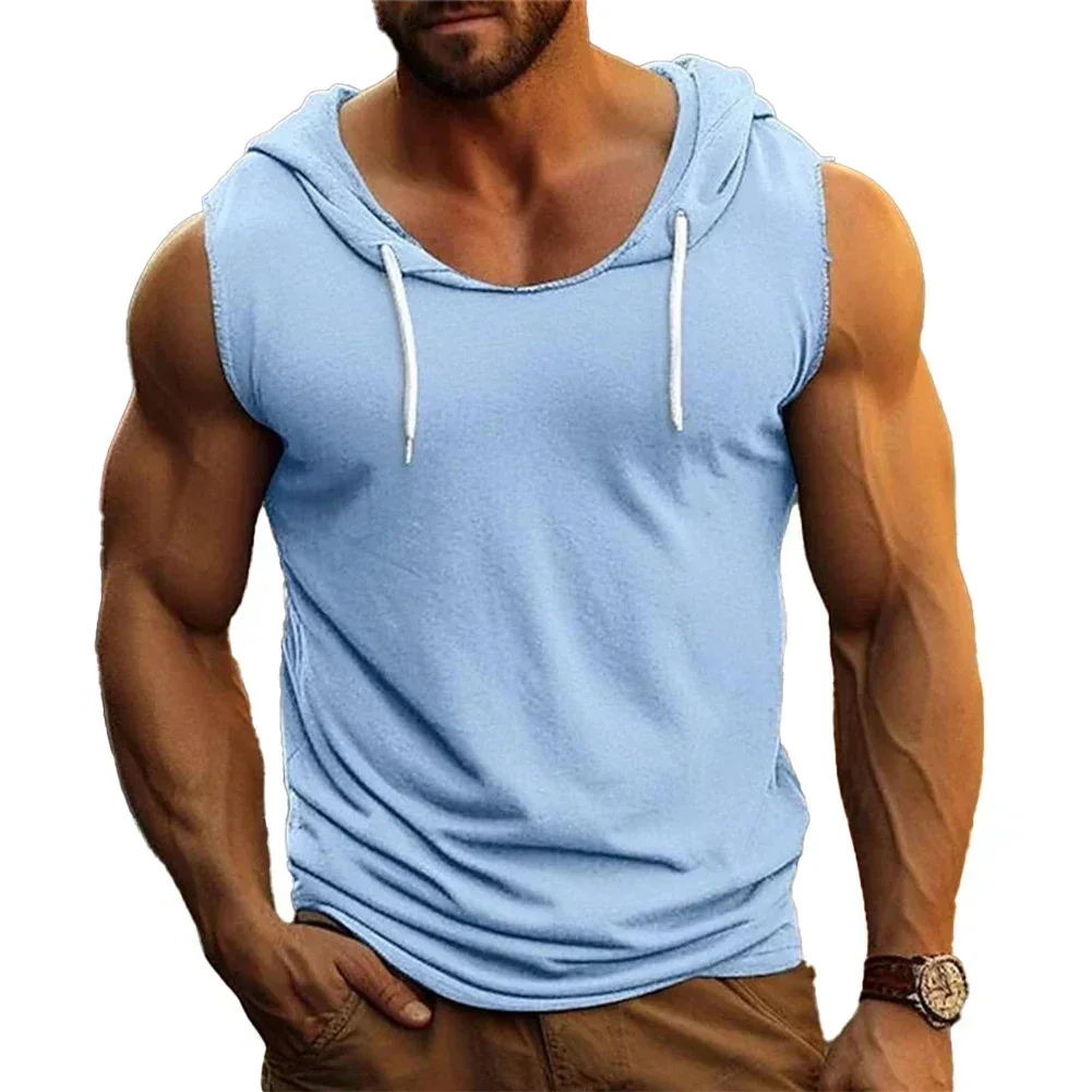 Plain Men\'s Gym Tank Top Hoodies Fitness Sleeveless Hooded T Shirt Cut Off Sports Singlets Bodybuilding Stringer Muscle Vest