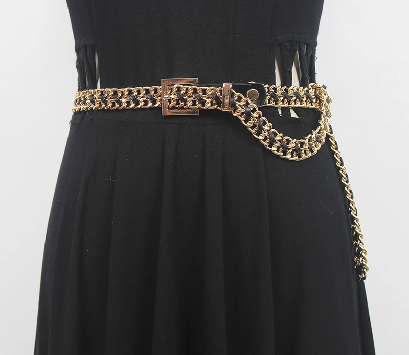 

Women's Runway Fashion PU Leather Knitted Metal Chain Cummerbunds Female Dress Corsets Waistband Belts Decoration Wide Belt R702