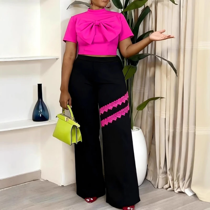 

Pant Set Women Two Piece Sets Round Neck Short Sleeve Tops Bow Wide Leg Long Pants Elastic Waist Y2k Streetwear Elegant 2026