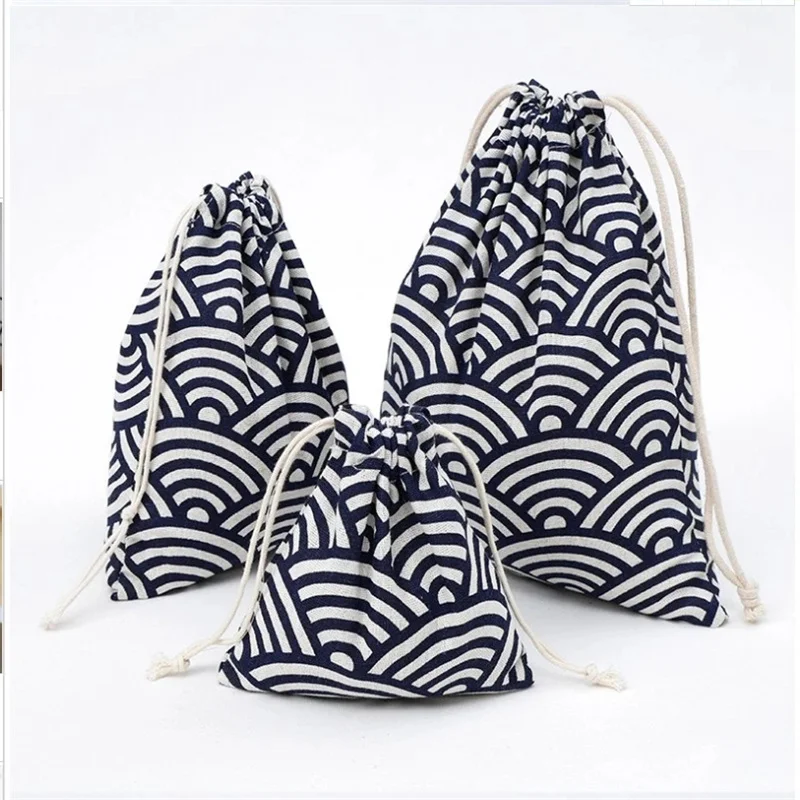 

Japanese Blue Fan Linen Gift Bags 9x12cm 11x14cm 13x18cm pack 100 Eyelashes Makeup Jewelry Drawstring Pouches