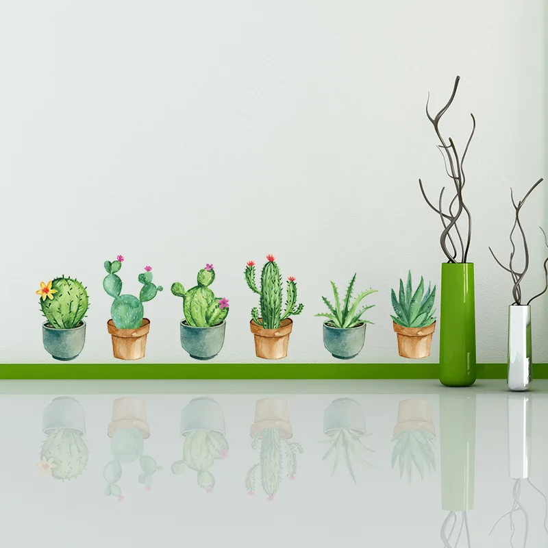 Green Garden Plant Cactus Potted Flower Pot Set 3D DIY Wall Decals/Adhesive Family Wall Sticker Mural Art Bathroom stairs Decor