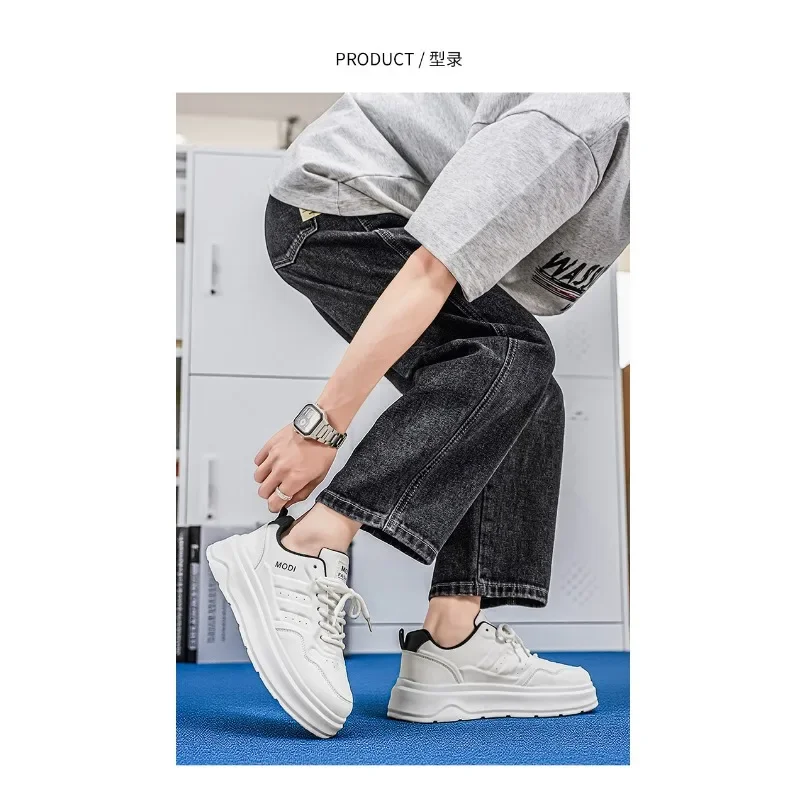 Men's Premium Leather White Casual Board Shoes 2026 Summer Trendy Platform Sneakers Height Increase Daily Street Style