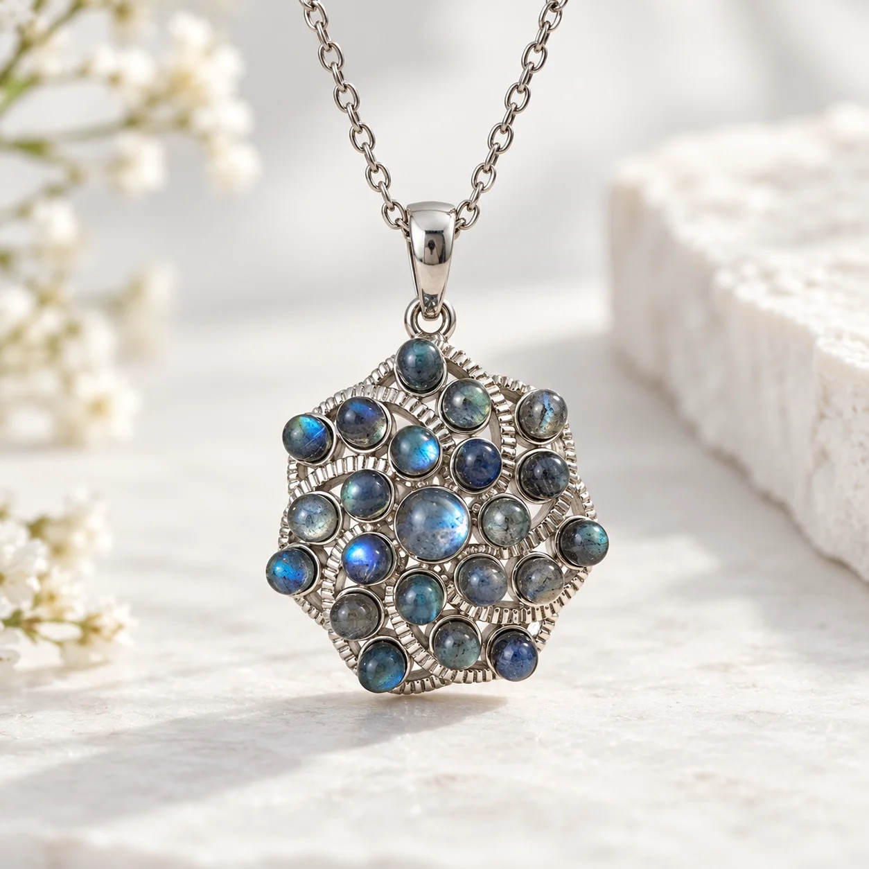 ITSMOS Natural Labradorite Cluster & Healing Crystal Pendant Necklace Mystic Celestial Gemstone Jewelry Wellness for women
