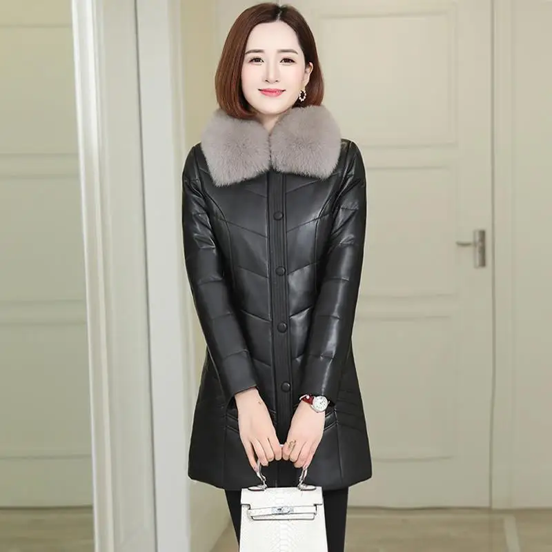 Chaqueta de cuero para mujer, abrigo de cuero de longitud media con cuello de piel grande y grueso, prendas de vestir exteriores para mujer, abrigos de algodón de cuero PU