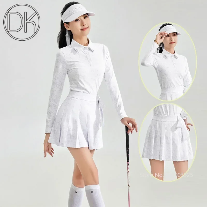 DK Spring Women Casual Sports Tops Golf Long-sleeved Polo Shirt Lapel Printed Skorts Stretch Breathable Golf Skorts Jersey