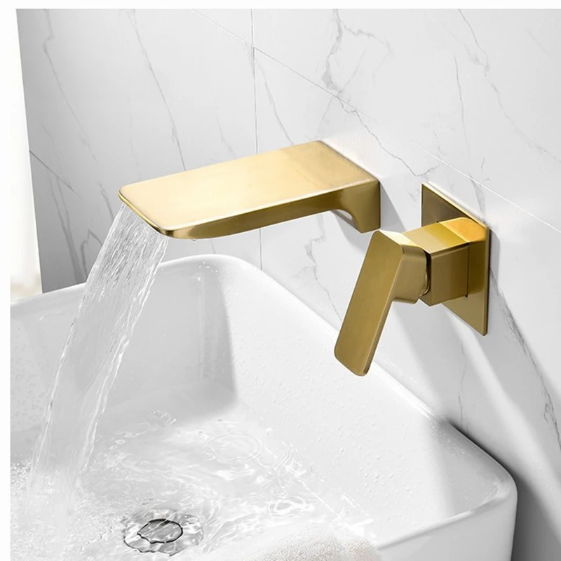 Brush Gold Wall Mounted Basin Faucet Single Handle Bathroom Mixer Tap Hot Cold Sink Faucet Square Waterfall basin faucet brass