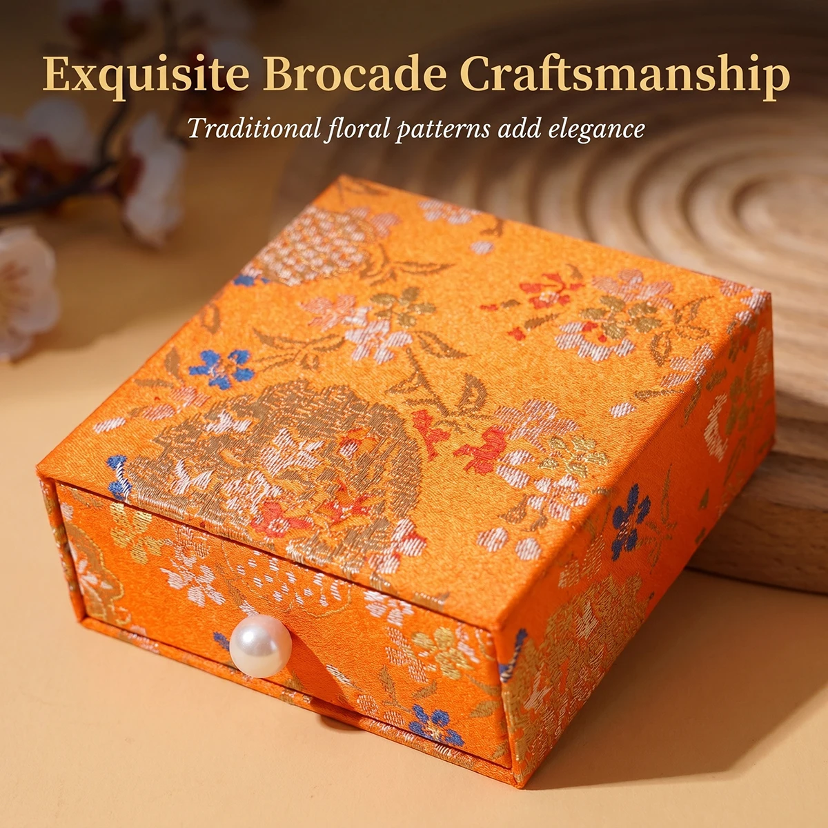 Traditional Brocade Jewelry Box with Gift Bag, Drawer Style Velvet Lined Jewelry Storage for Rings, Wedding Favor Gift Box