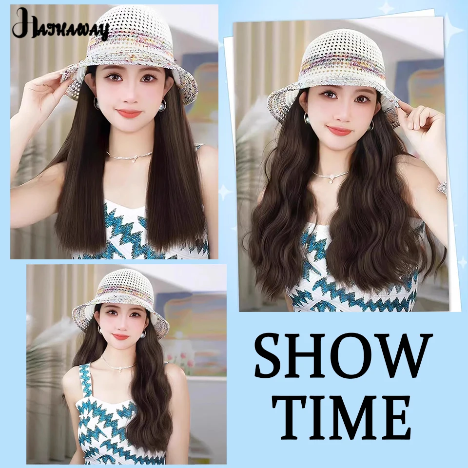 Wig Women's Hat One Summer Atmosphere Synthetic Rainbow Woven Fisherman's Hat Curly Hair Beach Holiday Hollow Wig Hat Daily Wear