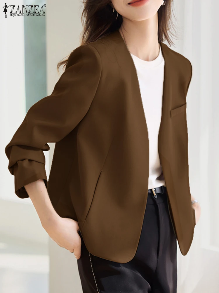 

ZANZEA 2025 Autumn Lightweight Blazer Women Elegant V-Neck Open-Front Long Sleeve Suit Jackets Commuting Office Wear 4 Colors