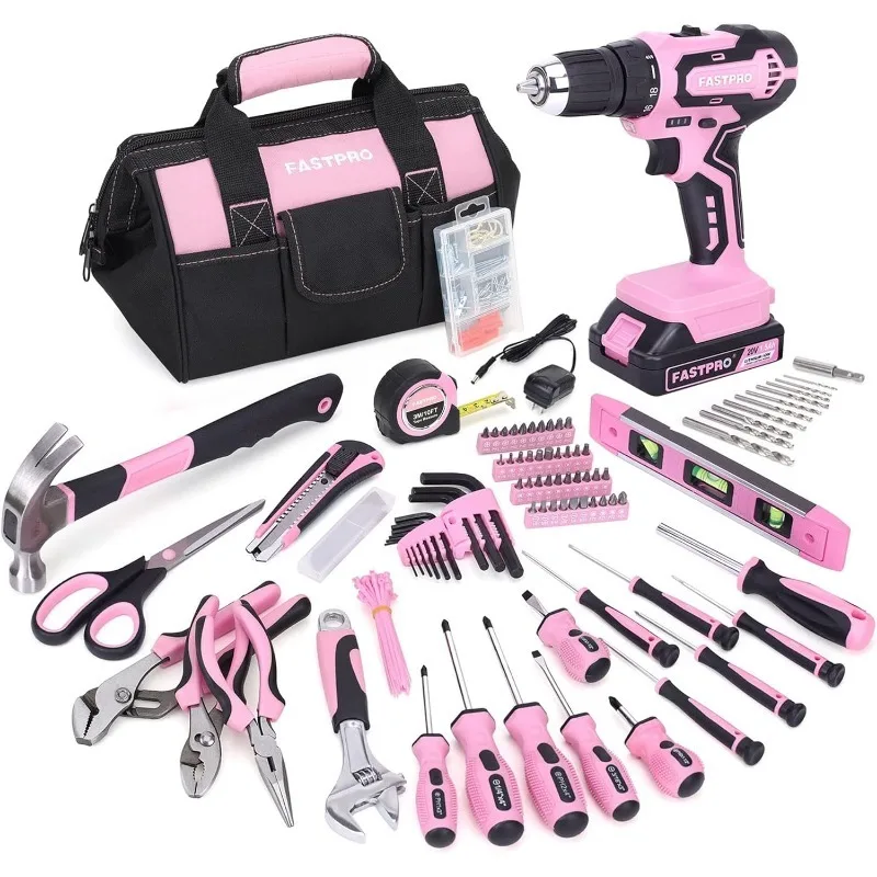 232-Piece 20V Pink Cordless Lithium-ion Drill Driver and Home Tool Set, Lady's Repairing Kit with 12-Inch Wide Mouth Open